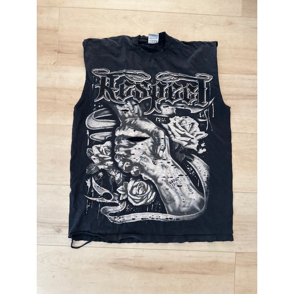 VTG Cholo Style Graphic Muscle Tee Respect Tattoo Roses Punk Grunge‎ Y2K Alt 2XT